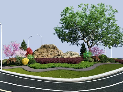 Scenic Road Facility With Curved Path Landscaping Trees Pink Yellow Shrubs Rocks And Street Lamps 3d model