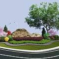 Scenic Road Facility With Curved Path Landscaping Trees Pink Yellow Shrubs Rocks And Street Lamps