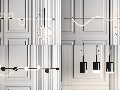 Contemporary Pendant Light Designs Featuring Sleek Black White Circular Linear Shapes 3d model
