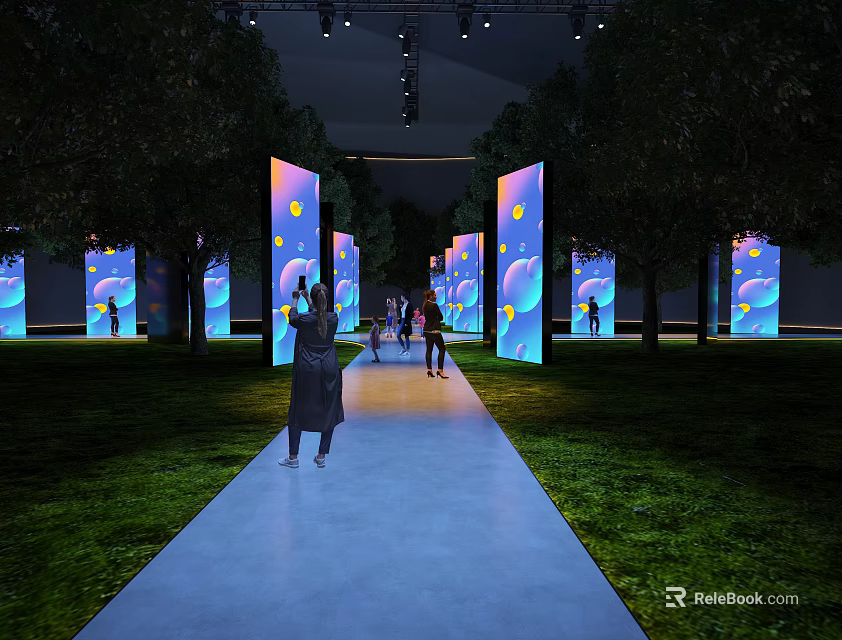 Outdoor Pathway With Illuminated Screens Colorful Patterns Trees And People Taking 3d model 