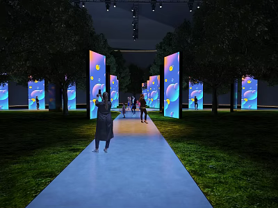 Outdoor Pathway With Illuminated Screens Colorful Patterns Trees And People Taking 3d model