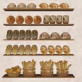 Various Bread Varieties Arranged On Wooden Shelves For Wall