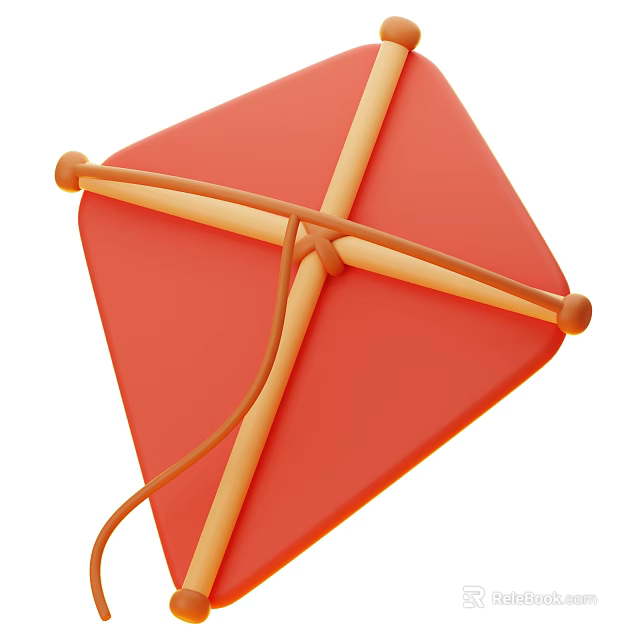 Red Kite With Crossed Wooden Sticks And Attached String Structure 3d model 