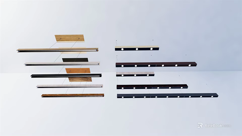 Modern Linear Pendant Lights With Wooden And Black Metal Designs And Bulbs 3d model 