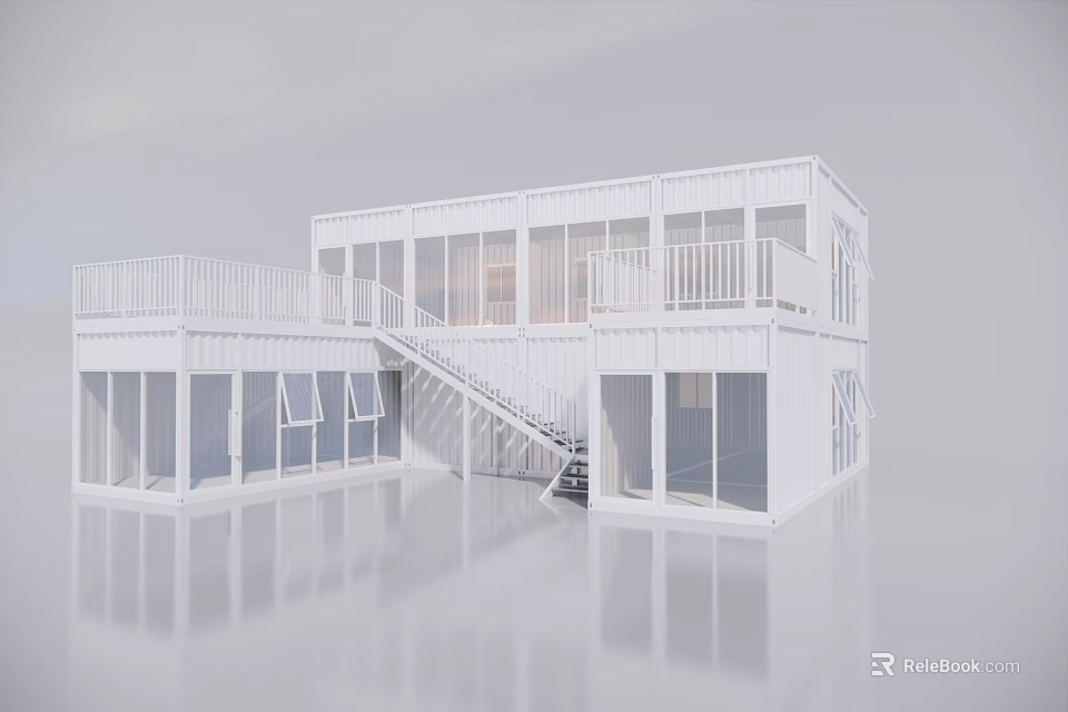 Modern White Container Building With Staircase Balcony And Large Windows 3d model