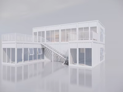 Modern White Container Building With Staircase Balcony And Large Windows 3d model