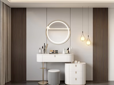 Modern White Dressing Table With Round Mirror Hanging Lights Drawer Cabinet And Cosmetics 3d model