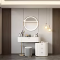 Modern White Dressing Table With Round Mirror Hanging Lights Drawer Cabinet And Cosmetics