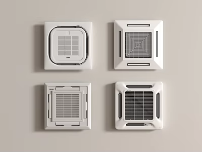 Four White Square Embedded Air Conditioner Fans With Different Grille Designs 3d model