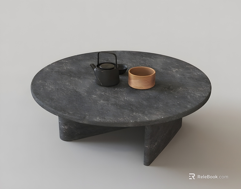 Round Stone Coffee Table With Black Teapot And Wooden Cup Unique Design 3d model 