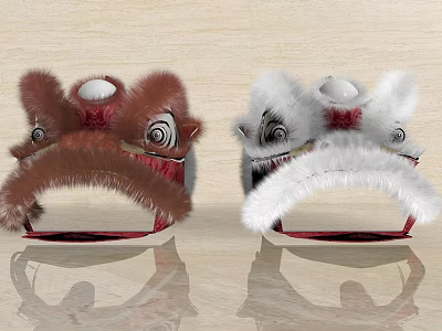 Brown and White Fluffy Lion Dance Dolls with Red Decorations and Reflections on Wooden Surface 3d model