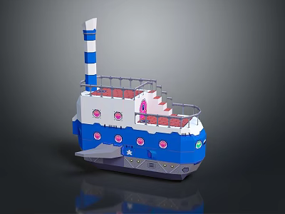 Colorful Blue And White Toy Boat With Chimney Deck Stairs And Round Windows 3d model