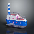 Colorful Blue And White Toy Boat With Chimney Deck Stairs And Round Windows