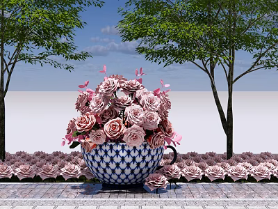 Blue And White Teacup Planter With Pink Roses Surrounded By Trees And Small Flowers 3d model