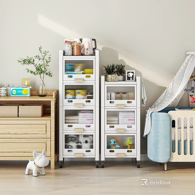 White Entryway Cabinet and Side Cabinet with Drawers Transparent Doors Storage Items and Plants 3d model 