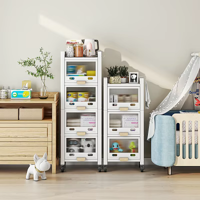 White Entryway Cabinet and Side Cabinet with Drawers Transparent Doors Storage Items and Plants 3d model