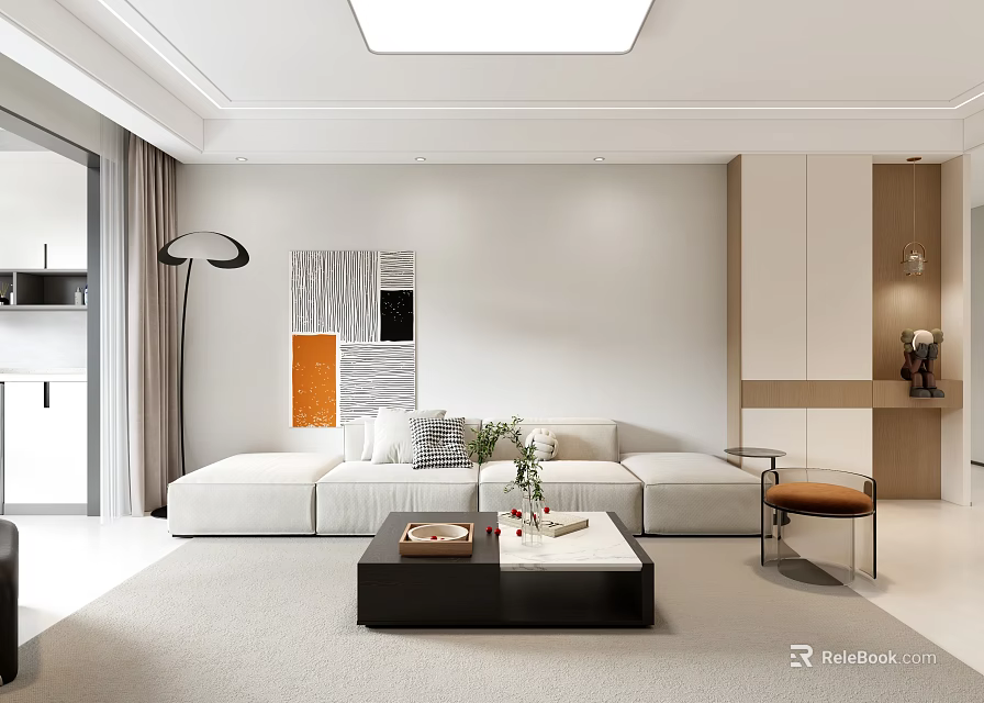 Modern Living Dining Room Interior With White Sofa Coffee Table Floor Lamp And Wall Art 3d model 