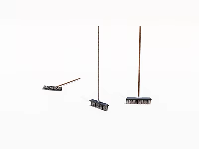 Three Brooms Hardware Tools Two Standing One Lying For Home Cleaning 3d model