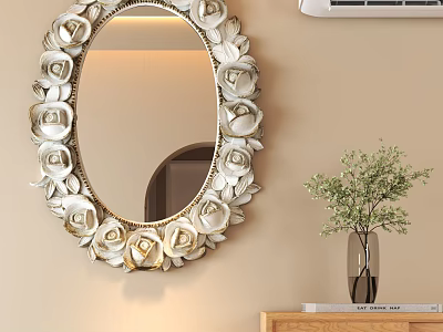 Elegant Oval Mirror With White Gold Rose Carved Frame And Green Plant On Wooden Cabinet 3d model