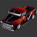 Red And Black Vintage Pickup Truck With Flame Graphics On Shiny Surface