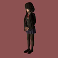 Anime School Girl Character With Black Hair Blue Plaid Skirt Red Tie And Red Background