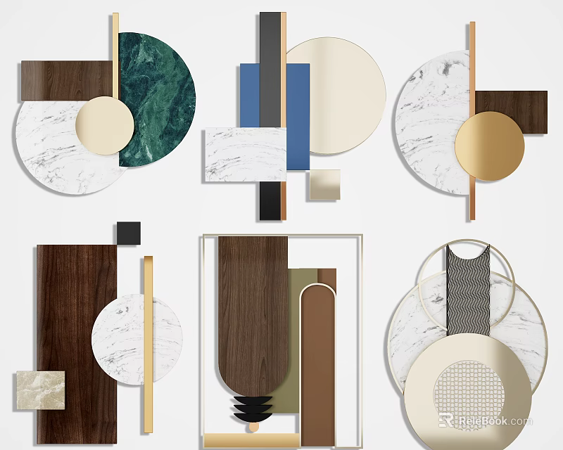 Modern Geometric Wall Decor With Marble Wooden Metal Elements And Green Gold Brown Tones 3d model 