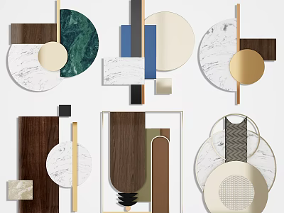 Modern Geometric Wall Decor With Marble Wooden Metal Elements And Green Gold Brown Tones 3d model