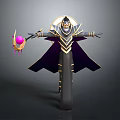 Woman In Mystical Outfit With Purple Cape Golden Accents And Magic Staff Holding Pink Orb