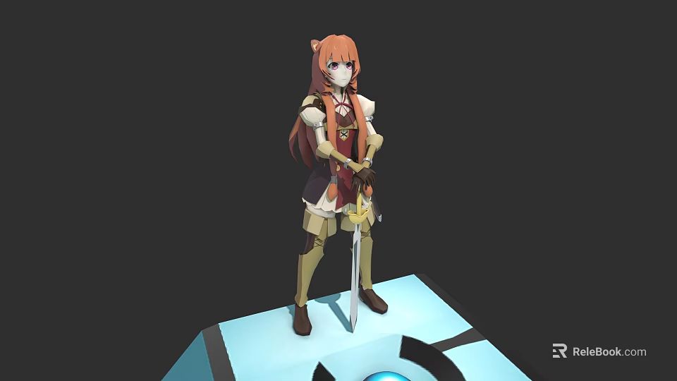 3D Anime Style Character With Orange Hair In Armor Holding Sword Standing On Blue Platform 3d model 