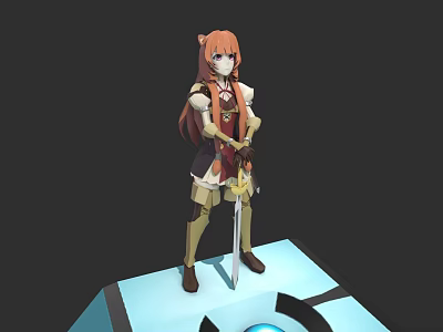 3D Anime Style Character With Orange Hair In Armor Holding Sword Standing On Blue Platform 3d model