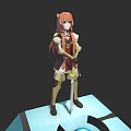 3D Anime Style Character With Orange Hair In Armor Holding Sword Standing On Blue Platform