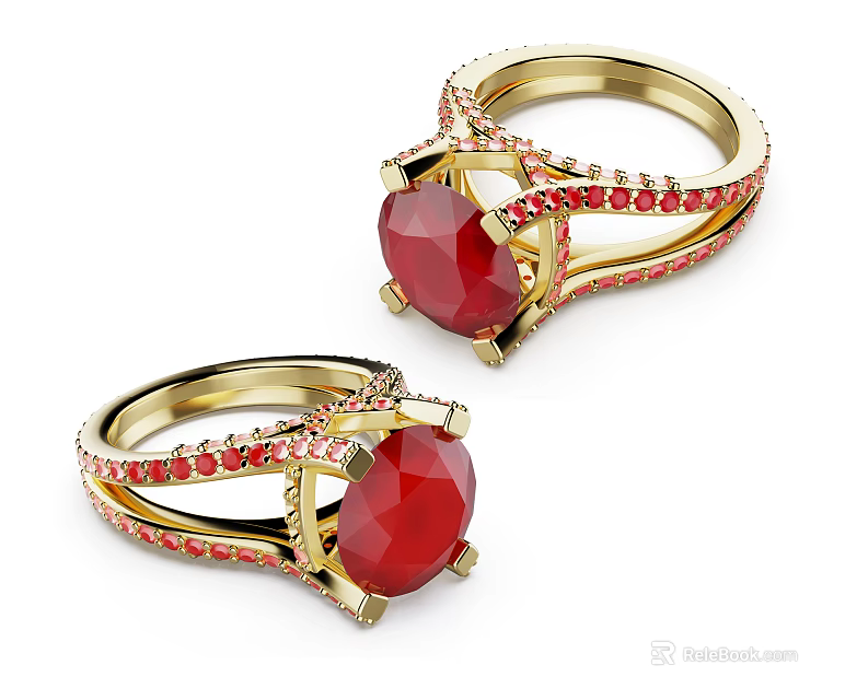 Pair of Ruby Rings With Red Accent Gemstones In Golden Setting Design 3d model 