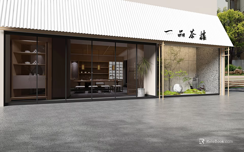 Modern Tea House With White Roof Glass Doors Courtyard Greenery And Stone Wall 3d model 