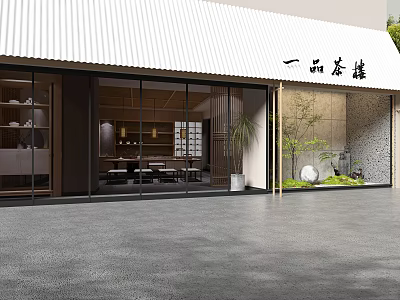 Modern Tea House With White Roof Glass Doors Courtyard Greenery And Stone Wall 3d model