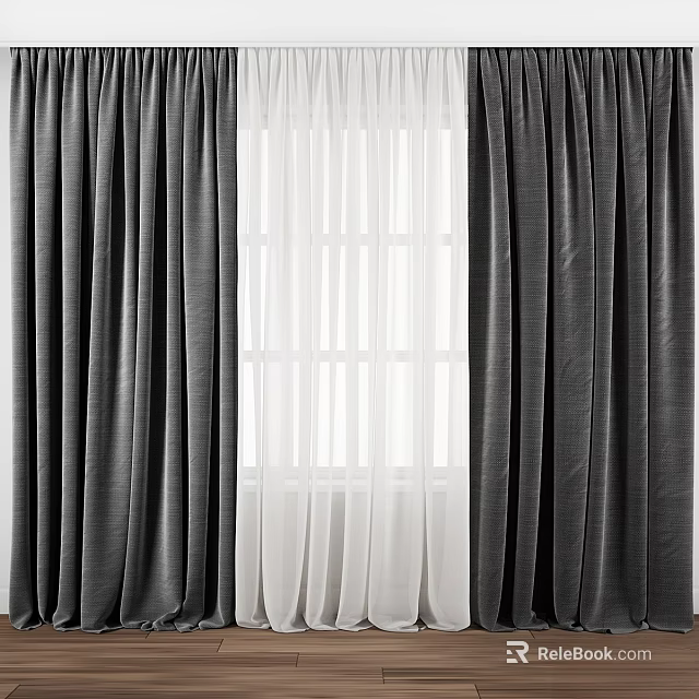 Gray Curtains With White Sheer Layers For Modern Home Window Decoration 3d model 