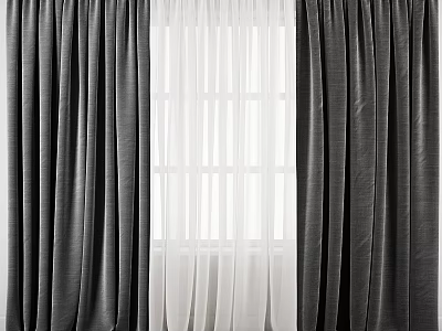 Gray Curtains With White Sheer Layers For Modern Home Window Decoration 3d model