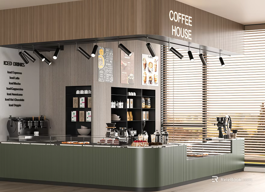 Modern Coffee House Interior With Wooden Walls Counter Coffee Machines Display Shelves And Window Blinds 3d model 