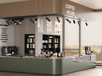 Modern Coffee House Interior With Wooden Walls Counter Coffee Machines Display Shelves And Window Blinds 3d model