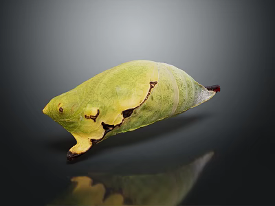 Green Butterfly Pupa With Shiny Surface And Yellow Brown Spots On Dark Background Showing Reflection 3d model