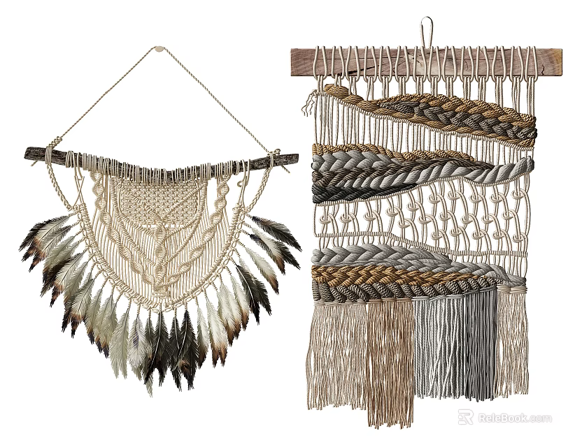 Handmade Macramé Wall Hangings with Feathers Tassels and Braided Patterns 3d model 