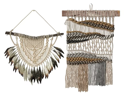 Handmade Macramé Wall Hangings with Feathers Tassels and Braided Patterns 3d model