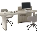 Modern Wooden Office Desk with Computer Monitor Cup and Documents and Two Ergonomic Chairs