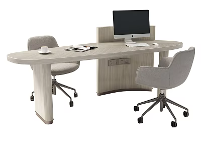 Modern Wooden Office Desk with Computer Monitor Cup and Documents and Two Ergonomic Chairs 3d model