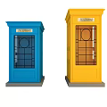 Vintage Blue and Yellow Telephone Booths with Glass Windows and Telephone Signs