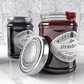 Artisanal Fruit Jam Jars With Strawberry Raspberry Currant And Wooden Spoon On Marble Countertop