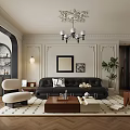 Elegant Living And Dining Room Interior With Black Sofa Coffee Table Decorative Paintings And Chandelier