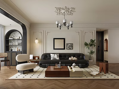 Elegant Living And Dining Room Interior With Black Sofa Coffee Table Decorative Paintings And Chandelier 3d model