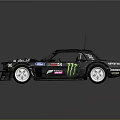Black Modified Race Car With Monster Ford Hoonigan Logos And White Wheels