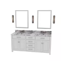 Modern Bathroom Vanity Featuring Double Mirrors Wall Sconces Marble Countertop And White Cabinets