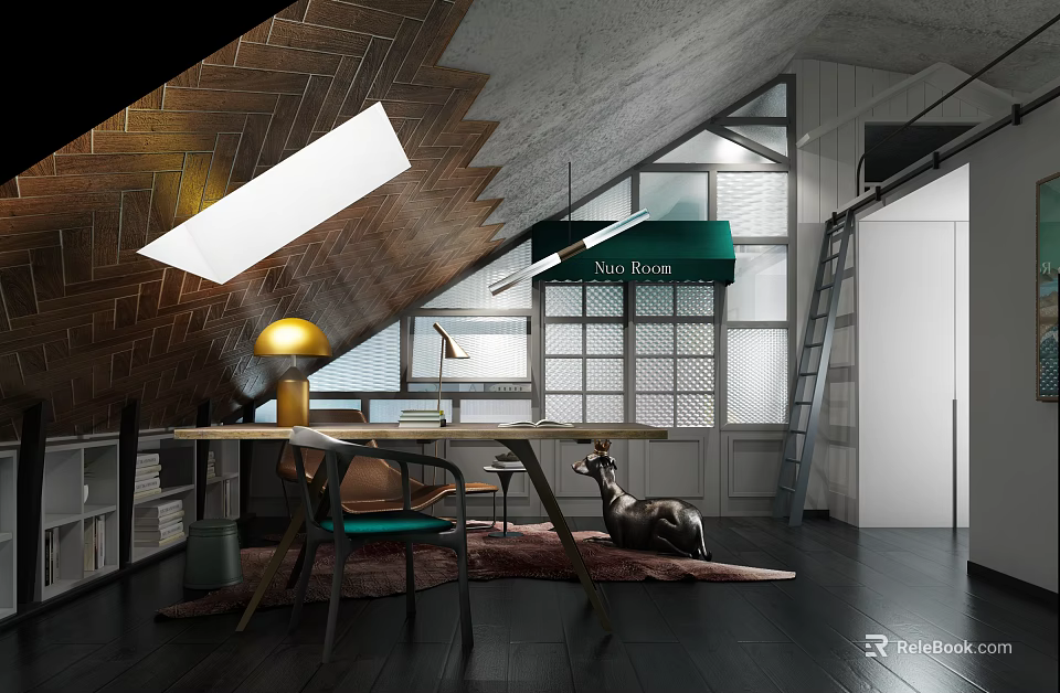 Modern Study Room Interior With Sloped Ceiling Desk Chair Lamp And Bookshelf 3d model 